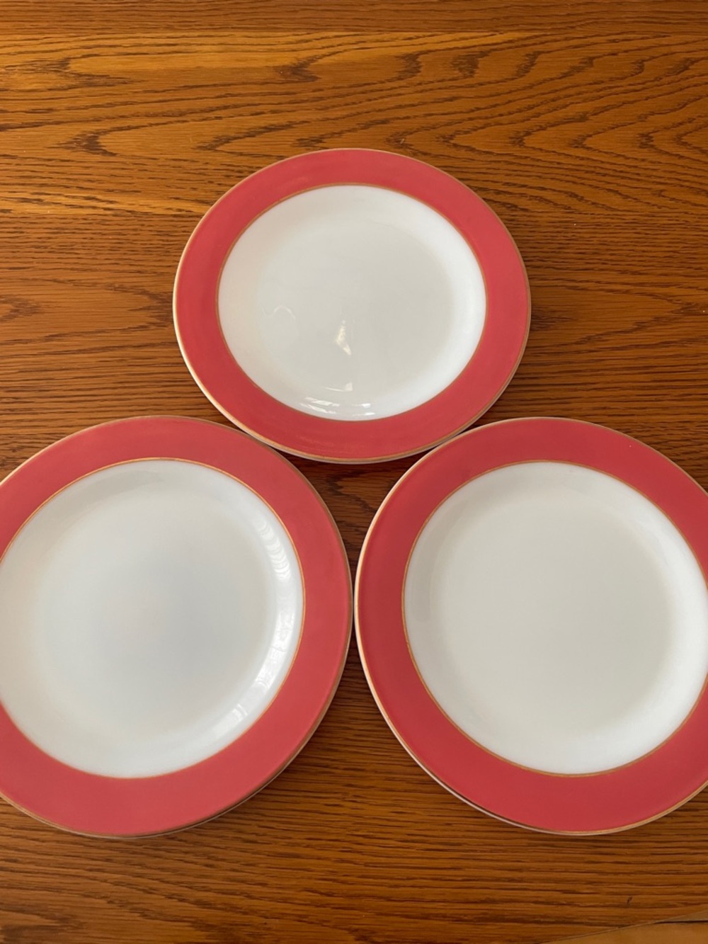 Vintage 1950s Pyrex Dinner Plates - Flamingo Pink with Gold Trim - set of 3